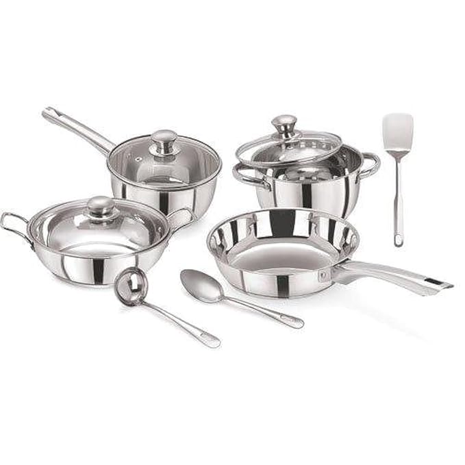Pristine Tri Ply Induction Base Cooking Essential Stainless Steel Cookware Set |1 Sauce Pan, 1 Casserole, 1 Fry Pan, 1 Kadhai & 3 Serving Spoons (10 Piece, Silver)