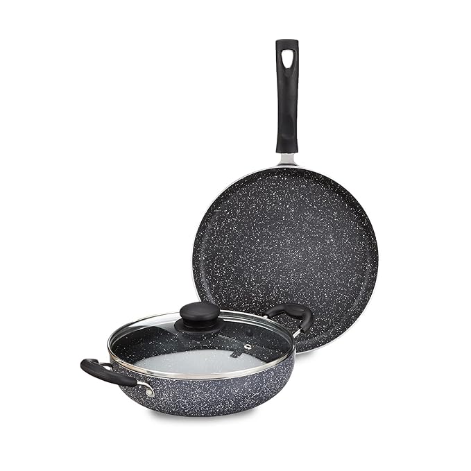 Solimo Aluminium 3 Piece Non-Stick Cookware Set|Granite Finish|Induction Base|Pfoa Free|High Temperature Resistant Exterior Coating|25 Cm Tawa,22 Cm Kadai,1 Glass Lid|Grey