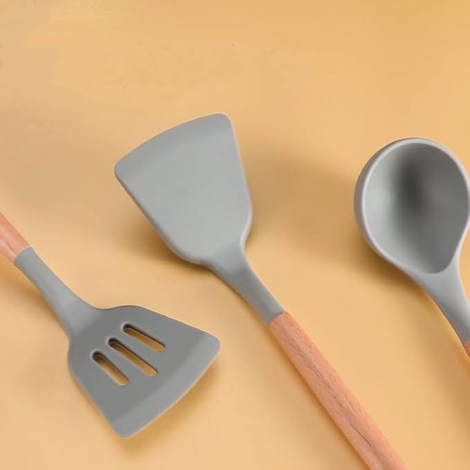 Non Stick Silicone Spatula with Wooden Handle for Kitchen Spoon Laddle Utensil Set 3 for Kitchen Accessories Items Non-Stick Cookware Tool Set Flexible (Grey)