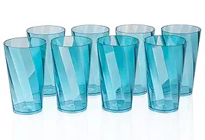 Twisted Pattern Plastic Water Glasses, Glassware & Drinkware, Unbreakable, Stylish Look Juicy Glass, Transparent Glasses (Set of 8, Sky Blue, 300 ml)