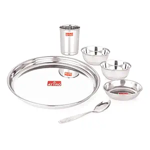 6 Pieces Smart Stainless Steel Dinnerware/Dinner Set - 1 Thali, 1 D.Plate, 2 Bowl, 1 Glass, 1 Spoon, Kitchen Set for Home, Restaurants, Family - Silver,Solid