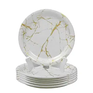 Melamine 11" Round Dinner Plate Set (White-Gold | Pack of 6) Full Plate Set for Serving Breakfast, Snacks, Lunch, Break Resistant, Microwave Safe, Dishwasher Safe, Stain Free, All Occasions