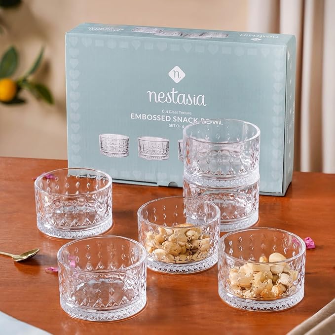 Nestasia Glass Bowl Set of 6 – 220ml Transparent Katori for Kitchen & Dinner, Microwave Safe Snack & Dessert Bowls with Gift Box, Perfect for Gifting