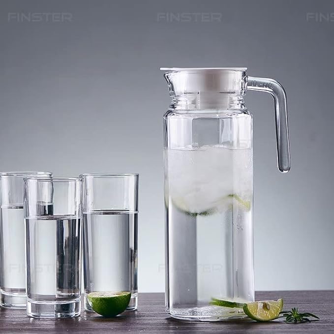 FINSTER Premium Water Glass Jug with Glass | 1 Glass Jug (1000 ML), 12 Glasses (300 ML) | Lemon Set of 13 Pcs