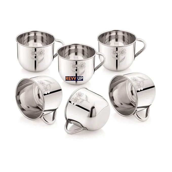 REVV UP Floral Tea & Coffee Cup | Set of 6 | Premium Single Wall | Laser Design | Silver Mirror Finish | Break Resistant | Gifting Item | 140ml | Steel Tea Cup Set of 6