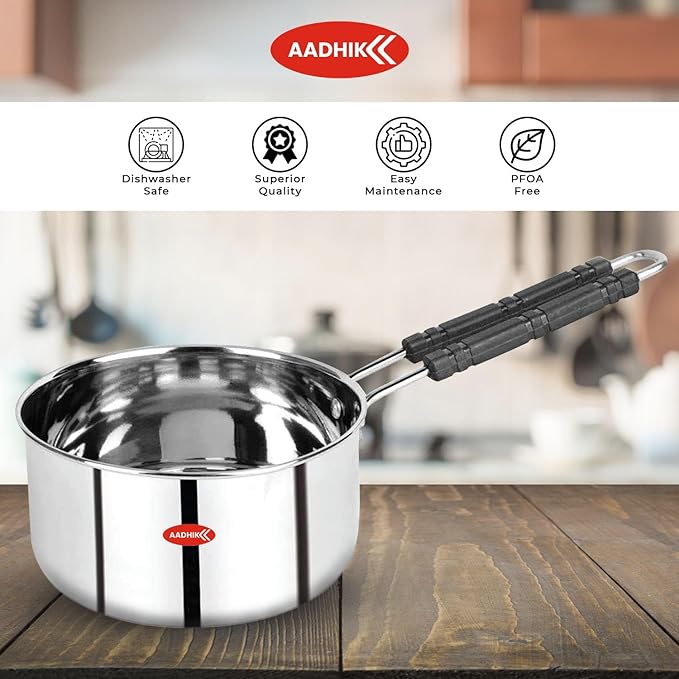 AADHIK Stainless Steel Sauce Pan, Tea Pan, Milk Pan Heavy Guage 1.5 Litre (Induction and Gas Stove Friendly), Silver