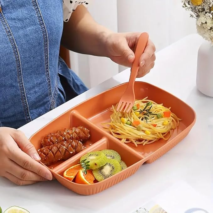 aDai Japanese Style Wheat Straw Dinner Plates, Stylish Stripe Design, Divided 3-Compartment Rectangular Serving Dishes