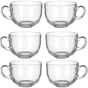 TENFIRE® Clear Round Shaped Glass Coffee Cup, Glassware Tea Cup, Tea Cups for Hot Beverages with Handle, Transparent Glass Tea Cup Set for Coffee, Tea, Milk - 6 Pieces, White, 150 ml