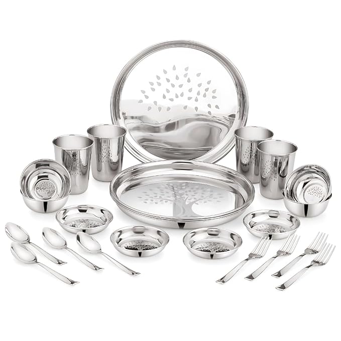 ESTOILE 24-Pcs Stainless Steel Tree Design Dinner Set for 4 | Includes 4 Plates, 4 Bowls, 4 Dessert Plates, 4 Glasses, 4 Spoons & 4 Forks | Durable Steel Utensils Set
