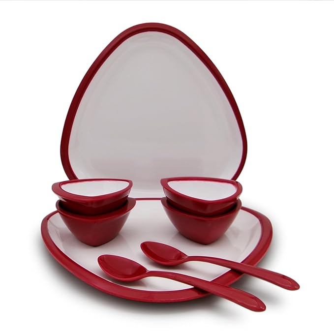 ektra | Premium Melamine | Dinner Set - Triangular Thali Red Maroon (8 pcs.) | Dinnerware, Tableware, Serves 2 People