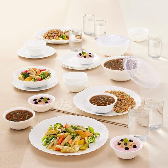 Larah By Borosil Brand Logo Silk Series Opalware Dinner Set with Glasses, 35 Pcs for Family of 6