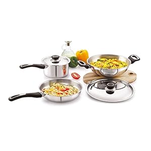 Anjali FP3PCS Fiesta Pro Stainless Steel 3 Pieces Set Having One Kadai with Lid 2 litres One Fry Pan 1300 ml and Sauce Pan with Lid 1450 ml Compatible with Induction Base