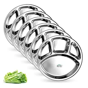 Chakmak 4 in 1 Stainless Steel Bhojan Thali Round, Compartment Divided Dinner Plate, Silver(12 Inch) Set of 6