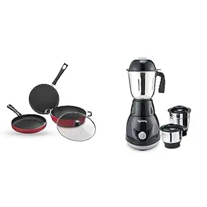 Lifelong Non Stick Cookware Set of 3| Kadai with Glass Lid, 23cm| Flat Tawa, 24cm| Frying Pan, 22cm (Burgundy, LLCK21) & Lifelong LLMG93 500 Watt Duos Mixer Grinder, 2 Jar(, Black)