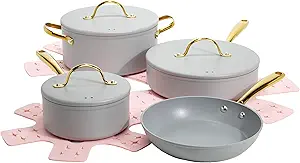 Paris Hilton Iconic Nonstick Pots and Pans Set, Multi-Layer Nonstick Coating, Matching Lids with Gold Handles, Made Without PFOA, Dishwasher Safe Cookware Set, 10-Piece, Light Gray